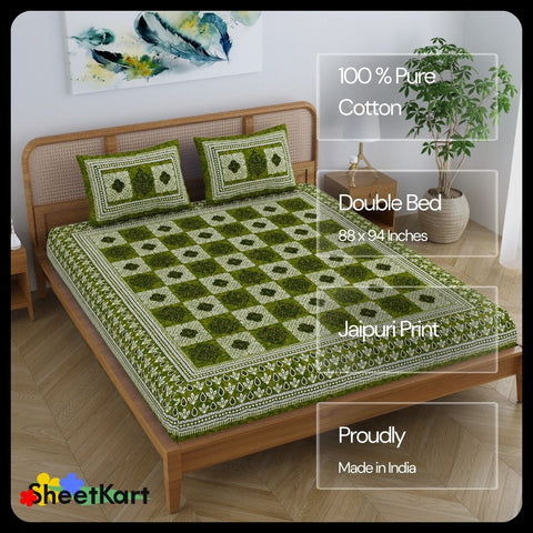 SheetKart Pure Cotton Block Printed Double Bedsheet with 2 Pillow Covers, Traditional Floral Design, Olive Green
