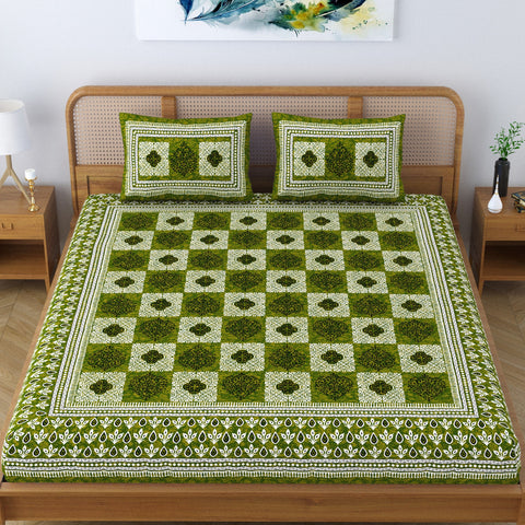 SheetKart Pure Cotton Block Printed Double Bedsheet with 2 Pillow Covers, Traditional Floral Design, Olive Green