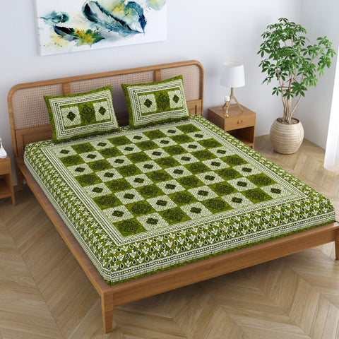 SheetKart Pure Cotton Block Printed Double Bedsheet with 2 Pillow Covers, Traditional Floral Design, Olive Green