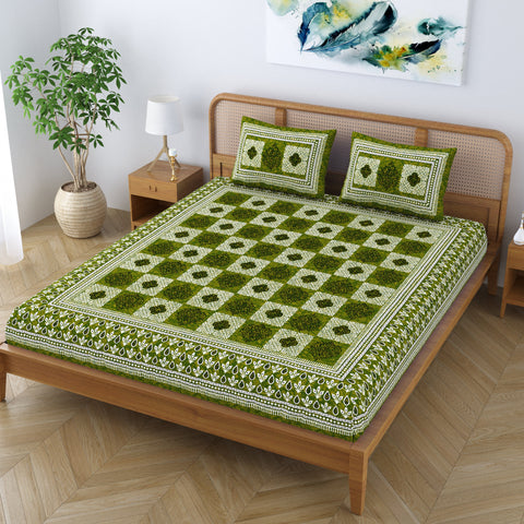 SheetKart Pure Cotton Block Printed Double Bedsheet with 2 Pillow Covers, Traditional Floral Design, Olive Green
