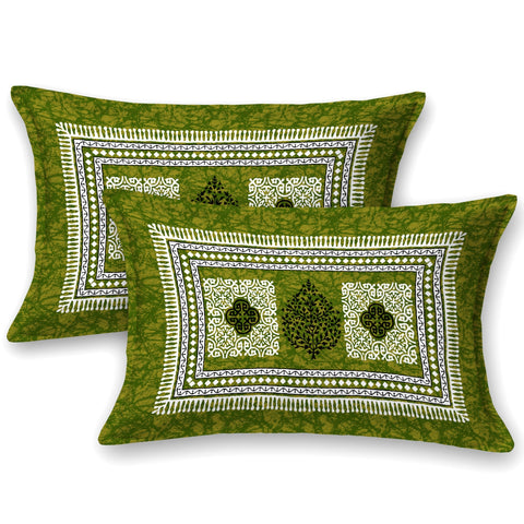 SheetKart Pure Cotton Block Printed Double Bedsheet with 2 Pillow Covers, Traditional Floral Design, Olive Green