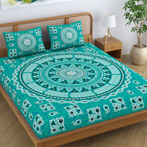 SheetKart Pure Cotton Mandala Block Printed Double Bedsheet with 2 Pillow Covers, Mandala Design, Sea Green