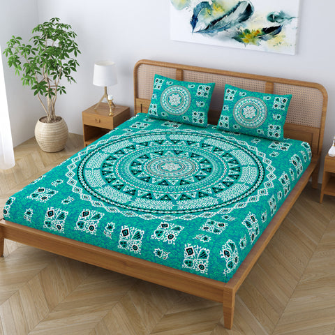 SheetKart Pure Cotton Mandala Block Printed Double Bedsheet with 2 Pillow Covers, Mandala Design, Sea Green