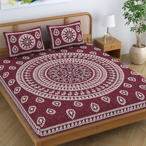 SheetKart Pure Cotton Mandala Floral Printed Double Bedsheet with 2 Pillow Covers, Burgundy