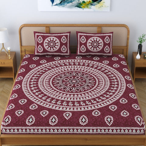 SheetKart Pure Cotton Mandala Floral Printed Double Bedsheet with 2 Pillow Covers, Burgundy