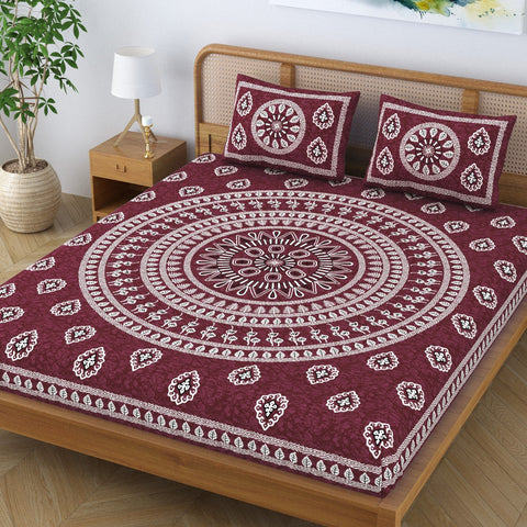 SheetKart Pure Cotton Mandala Floral Printed Double Bedsheet with 2 Pillow Covers, Burgundy