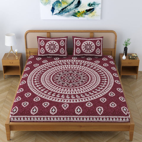 SheetKart Pure Cotton Mandala Floral Printed Double Bedsheet with 2 Pillow Covers, Burgundy