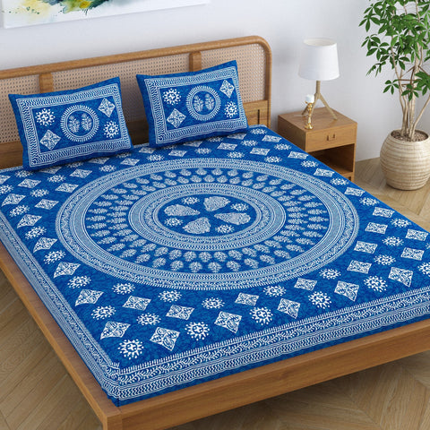 SheetKart Pure Cotton Mandala Block Floral Printed Double Bedsheet with 2 Pillow Covers, Royal Blue