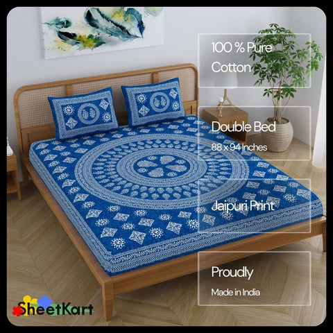 SheetKart Pure Cotton Mandala Block Floral Printed Double Bedsheet with 2 Pillow Covers, Royal Blue