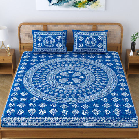 SheetKart Pure Cotton Mandala Block Floral Printed Double Bedsheet with 2 Pillow Covers, Royal Blue