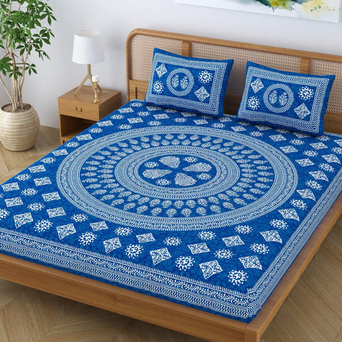SheetKart Pure Cotton Mandala Block Floral Printed Double Bedsheet with 2 Pillow Covers, Royal Blue