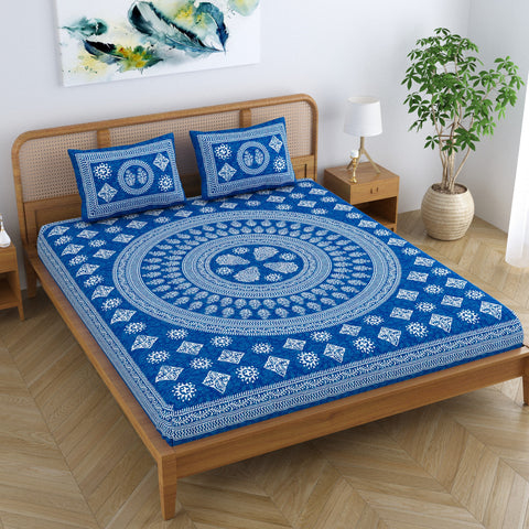 SheetKart Pure Cotton Mandala Block Floral Printed Double Bedsheet with 2 Pillow Covers, Royal Blue