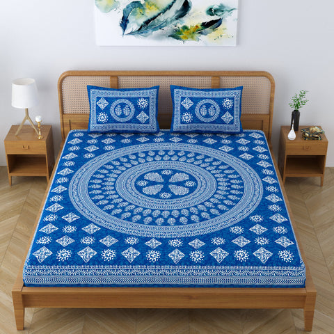 SheetKart Pure Cotton Mandala Block Floral Printed Double Bedsheet with 2 Pillow Covers, Royal Blue