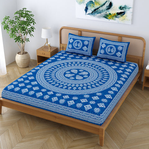 SheetKart Pure Cotton Mandala Block Floral Printed Double Bedsheet with 2 Pillow Covers, Royal Blue