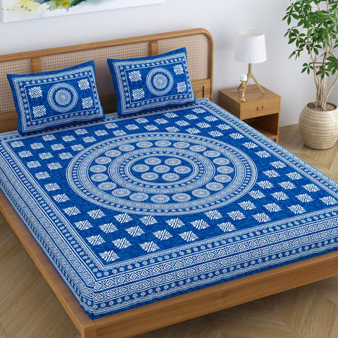 SheetKart Pure Cotton Mandala Blocks Floral Printed Double Bedsheet with 2 Pillow Covers, Light Blue