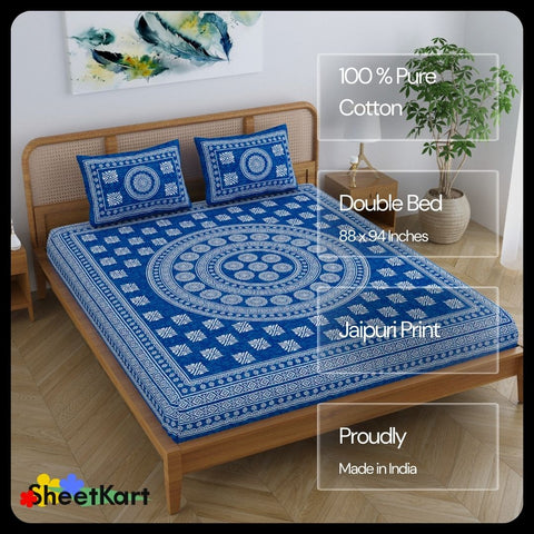 SheetKart Pure Cotton Mandala Blocks Floral Printed Double Bedsheet with 2 Pillow Covers, Light Blue