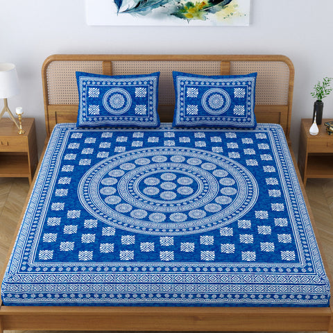 SheetKart Pure Cotton Mandala Blocks Floral Printed Double Bedsheet with 2 Pillow Covers, Light Blue