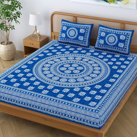 SheetKart Pure Cotton Mandala Blocks Floral Printed Double Bedsheet with 2 Pillow Covers, Light Blue