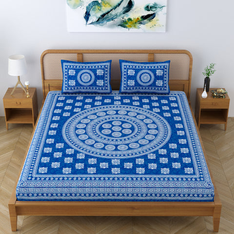 SheetKart Pure Cotton Mandala Blocks Floral Printed Double Bedsheet with 2 Pillow Covers, Light Blue