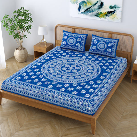 SheetKart Pure Cotton Mandala Blocks Floral Printed Double Bedsheet with 2 Pillow Covers, Light Blue