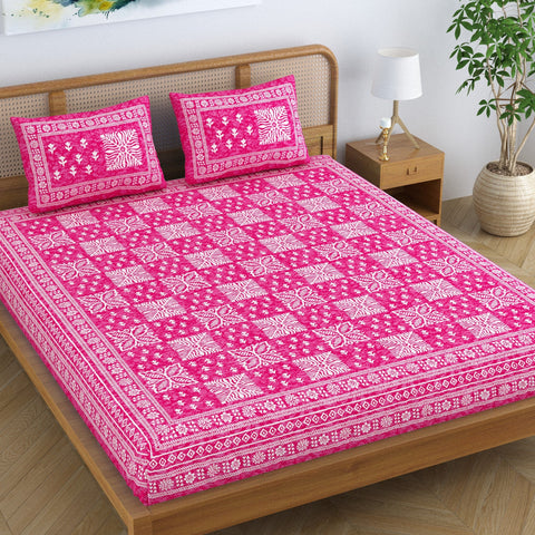 SheetKart Cotton Traditional Floral Jaipuri Printed Double Bedsheet King Size with 2 Pillow Covers - Blush Pink