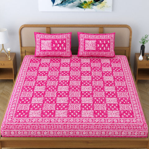SheetKart Cotton Traditional Floral Jaipuri Printed Double Bedsheet King Size with 2 Pillow Covers - Blush Pink