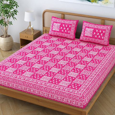 SheetKart Cotton Traditional Floral Jaipuri Printed Double Bedsheet King Size with 2 Pillow Covers - Blush Pink