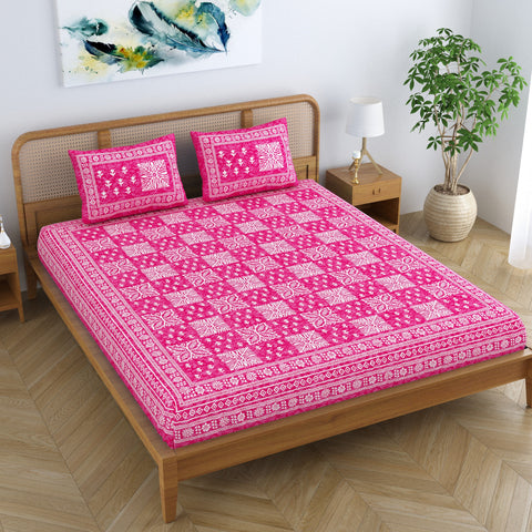 SheetKart Cotton Traditional Floral Jaipuri Printed Double Bedsheet King Size with 2 Pillow Covers - Blush Pink