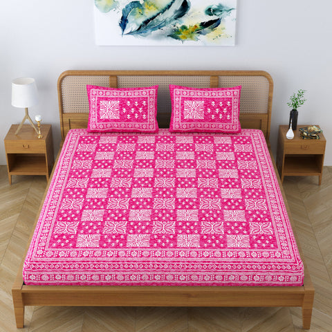 SheetKart Cotton Traditional Floral Jaipuri Printed Double Bedsheet King Size with 2 Pillow Covers - Blush Pink