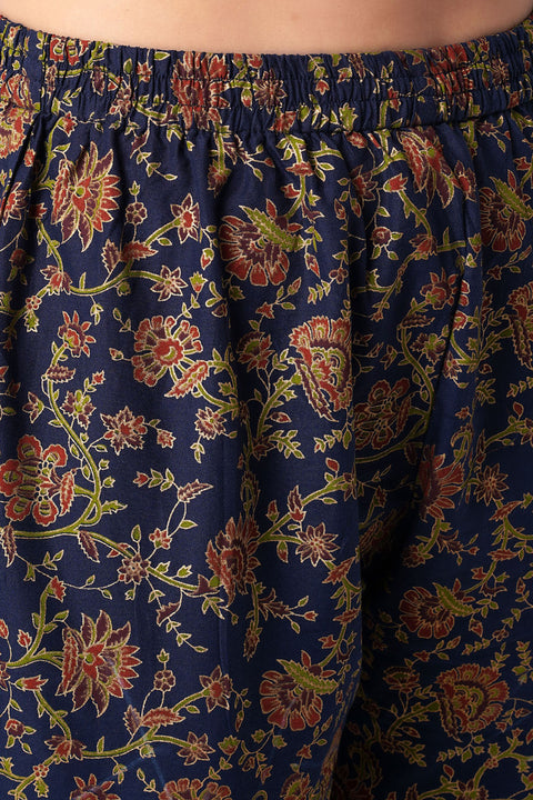 Arayna Women's Floral Printed Pure Cotton Kurti Palazzo Pants Set with Dupatta, Navy Blue, 3X-Large