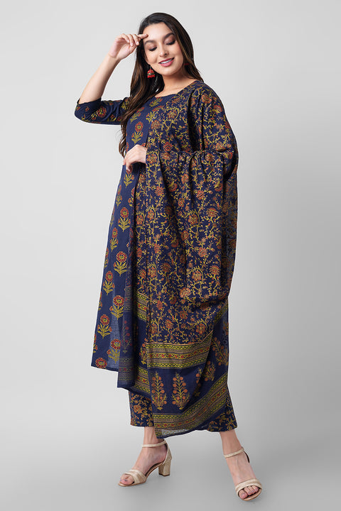 Arayna Women's Floral Printed Pure Cotton Kurti Palazzo Pants Set with Dupatta, Navy Blue, 3X-Large