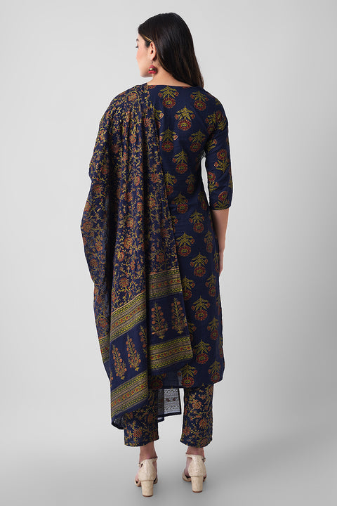 Arayna Women's Floral Printed Pure Cotton Kurti Palazzo Pants Set with Dupatta, Navy Blue, 3X-Large