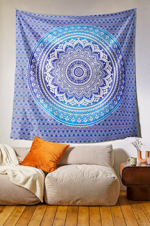 SheetKart Cotton Printed Wall Hanging Tapestry - Blue Ombre Mandala | Bohemian Art | Home Decor | 84x96 inches | Aesthetic Room Decor | Proudly Made in India