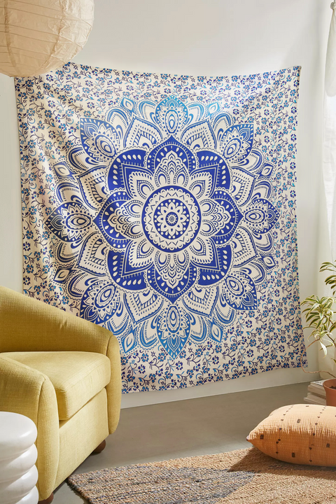 SheetKart Cotton Printed Wall Hanging Tapestry | Blue Floral Mandala | Bohemian Art | Home Decor Art | Perfect Gift | Aesthetic Room Decor | Proudly Made in India