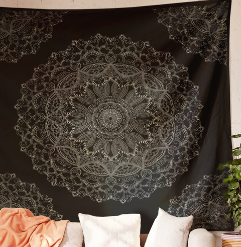 SheetKart Cotton Printed Wall Hanging Tapestry | Aesthetic Mandala Black | Bohemian Art | Home Decor Art | Perfect Gift | Aesthetic Room Decor | Proudly Made in India