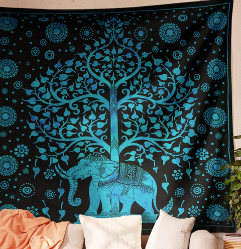 SheetKart Cotton Printed Wall Hanging Tapestry | Elephant Tree | Tie & Dye | Bohemian Art | Home Decor Art | Perfect Gift | Aesthetic Room Decor | Proudly Made in India