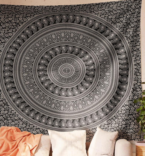 SheetKart Cotton Printed Wall Hanging Tapestry | Floral Grey Mandala | Bohemian Art | Home Decor Art | Perfect Gift | Aesthetic Room Decor | Proudly Made in India