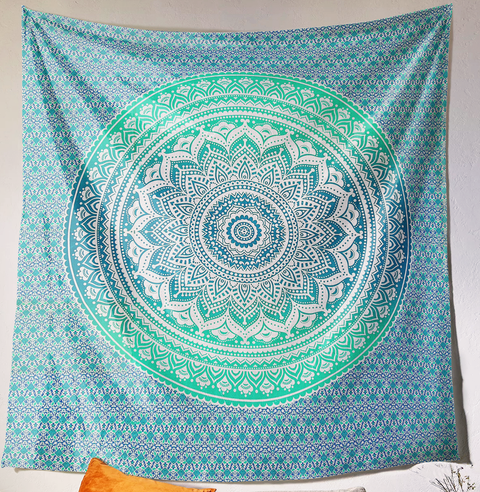 SheetKart Cotton Printed Wall Hanging Tapestry | Sea Green Ombre Mandala | Bohemian Art | Home Decor | Perfect Gift | Aesthetic Room Decor | Proudly Made in India