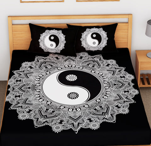 SheetKart Yin Yang Mandala Cotton Printed Double Bedsheet with 2 Pillow Covers, Black and White - SheetKart