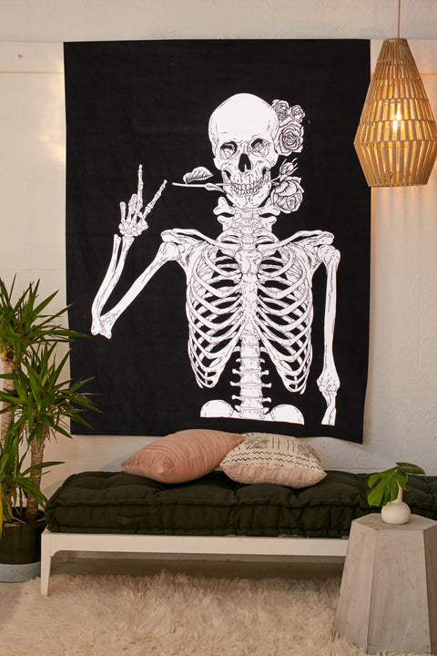 SheetKart Skull Tapestry Wall Hanging Human Skeleton Bohemian Cotton Printed Wall Hanging Tapestries, Room Art Decoration, Black and White - SheetKart