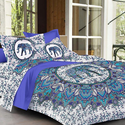 SheetKart Elephant Mandala Double Bed Jaipuri Bedsheets Cotton with 2 Pillow Covers, Floral, Sapphire Blue - SheetKart