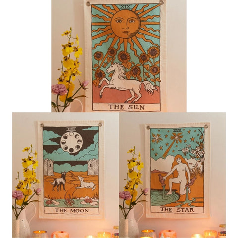 SheetKart Tarot Flag Tapestry - The Sun, The Moon & The Star - with Steel Grommets, Beige, Pack of 3 - SheetKart