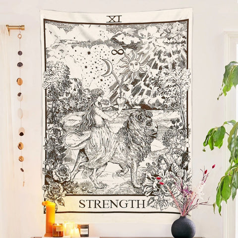 Tarot Flag Tapestry - Strength - Bohemian Cotton Printed Hand Made Room Decor Wall Hanging Tapestries, Beige, Small - SheetKart