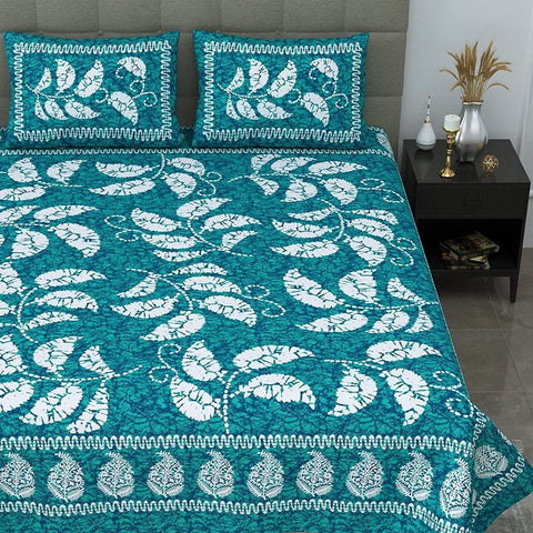 SheetKart 144 TC Cotton Jaipuri Floral Printed Double Bedsheet with 2 Pillow Covers, Sea Green - SheetKart
