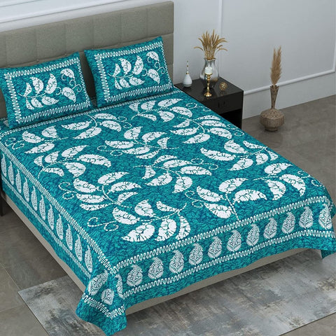 SheetKart 144 TC Cotton Jaipuri Floral Printed Double Bedsheet with 2 Pillow Covers, Sea Green - SheetKart