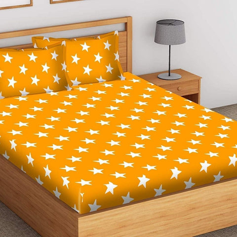 SheetKart Stars Cotton Yellow Color Jaipuri Double Bedsheet with 2 Pillow Covers, Bright Yellow - SheetKart