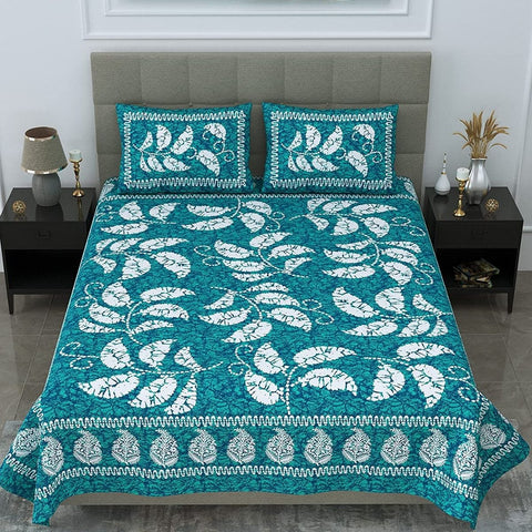 SheetKart 144 TC Cotton Jaipuri Floral Printed Double Bedsheet with 2 Pillow Covers, Sea Green - SheetKart