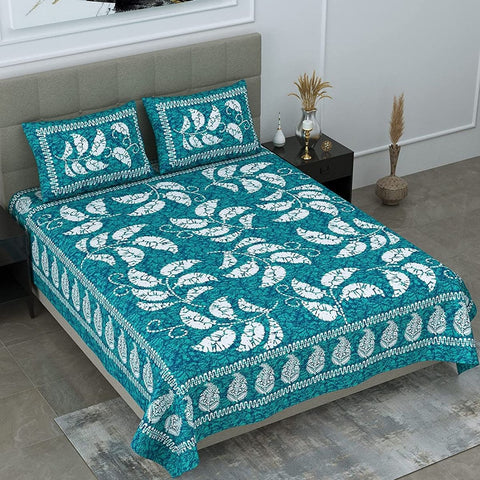 SheetKart 144 TC Cotton Jaipuri Floral Printed Double Bedsheet with 2 Pillow Covers, Sea Green - SheetKart
