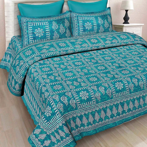 SheetKart Sea Green Square Floral Design 100% Cotton Single Bedsheet with 1 Pillow Cover - SheetKart