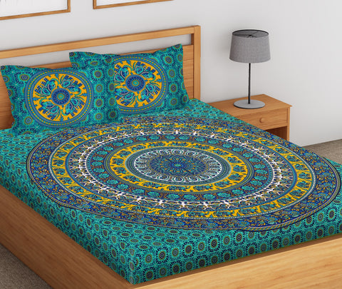 SheetKart Elephant Mandala 144 TC 100% Cotton Double Super King Size Bedsheet with 2 Pillow Covers, Green